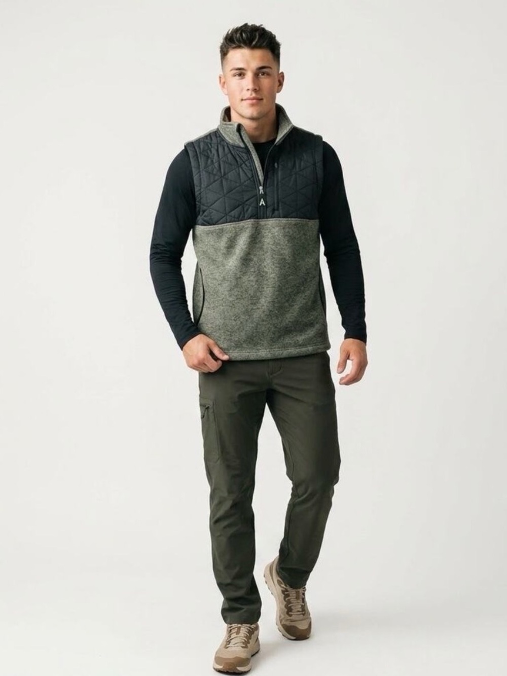 ZYIA Quilted Olive Ash Cabin 1/4 Zip Pullover Vest